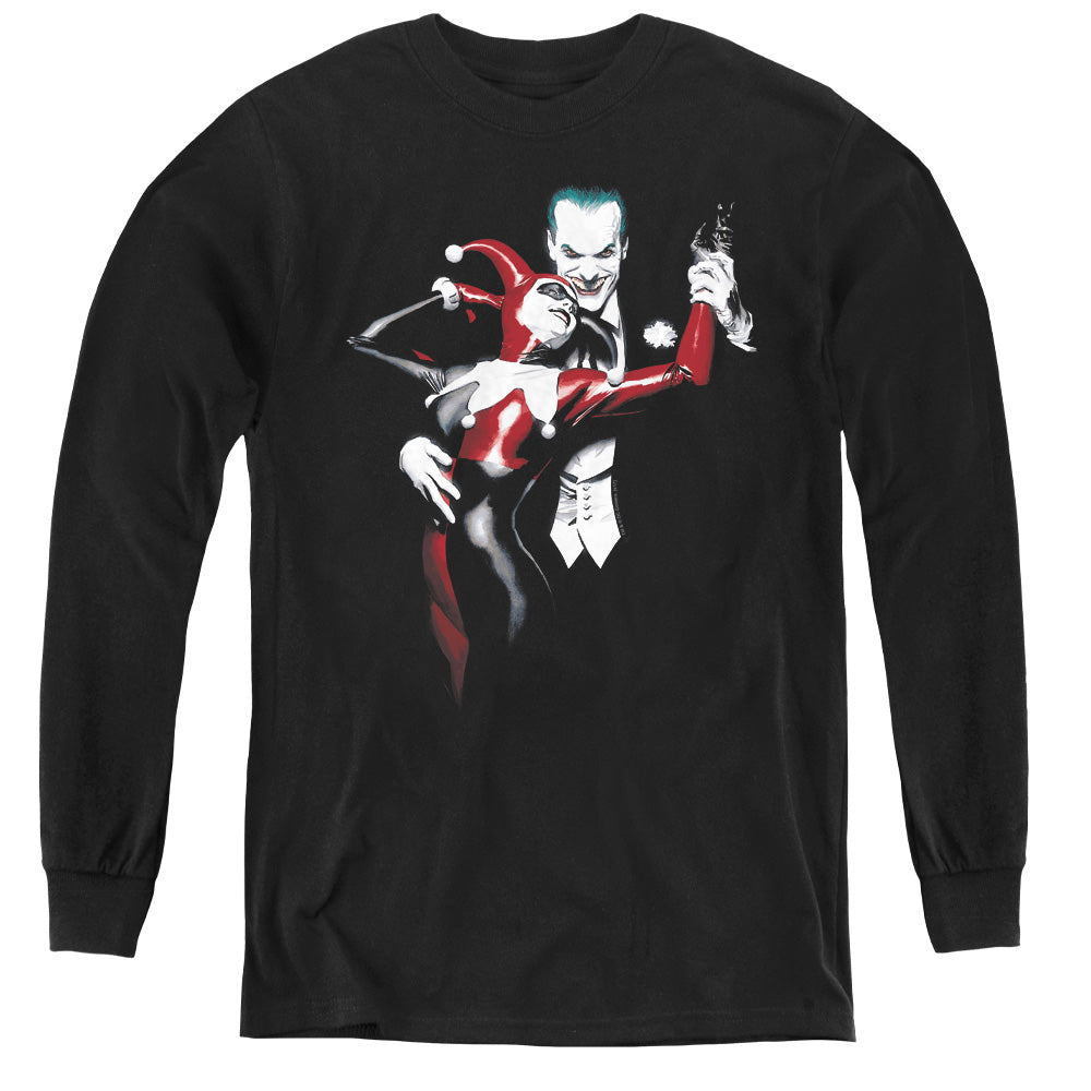 AN OFFCIALLY LICENSED BATMAN HARLEY AND JOKER YOUTH LONG SLEEVE T-SHIRT BLACK