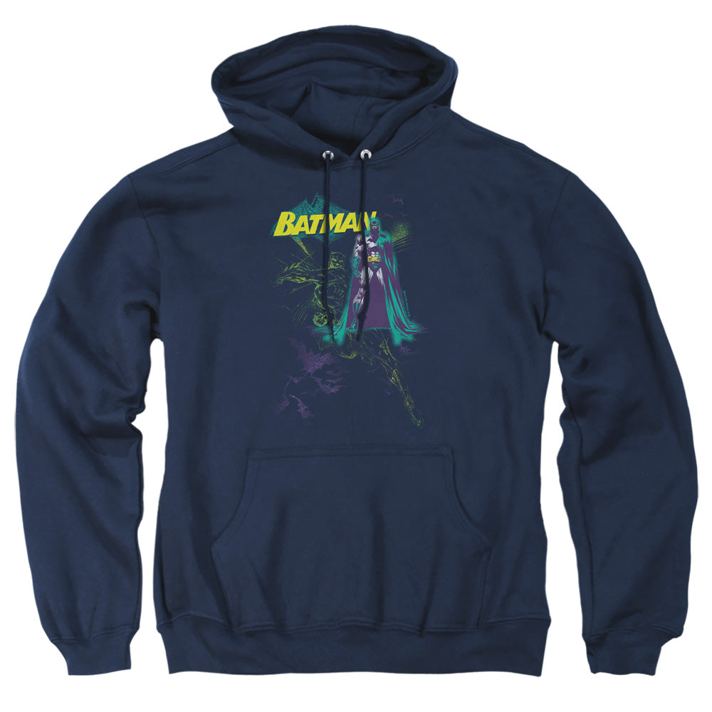 AN OFFCIALLY LICENSED BATMAN BAT SPRAY ADULT UNISEX PULLOVER HOODIE NAVY