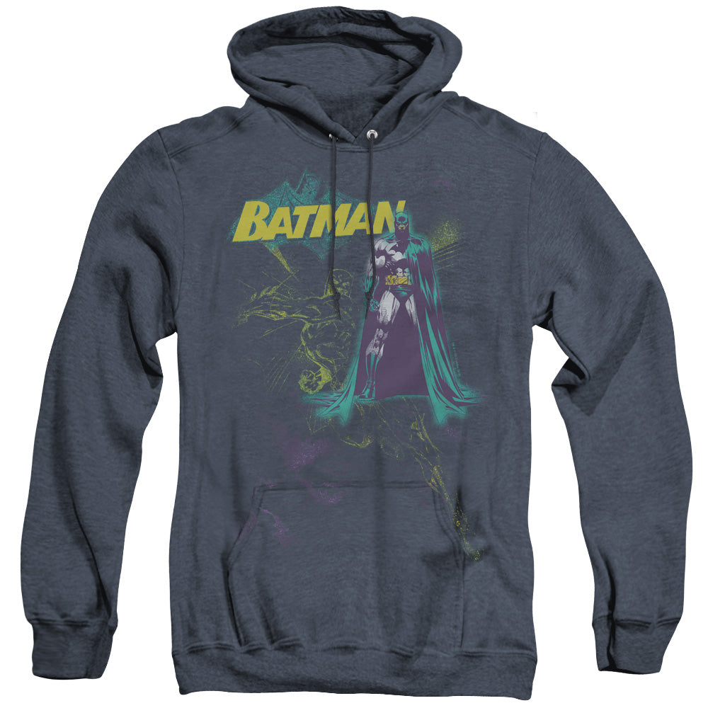 AN OFFCIALLY LICENSED BATMAN BAT SPRAY ADULT UNISEX HEATHER PULLOVER HOODIE NAVY