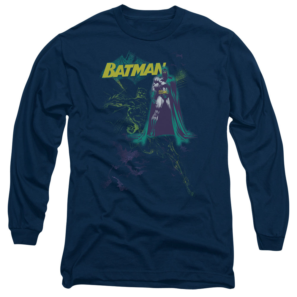 AN OFFCIALLY LICENSED BATMAN BAT SPRAY MEN'S LONG SLEEVE T-SHIRT NAVY