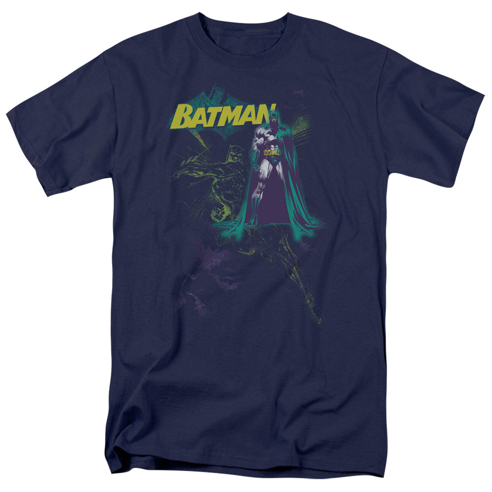 AN OFFCIALLY LICENSED BATMAN BAT SPRAY MEN'S REGULAR FIT T-SHIRT NAVY