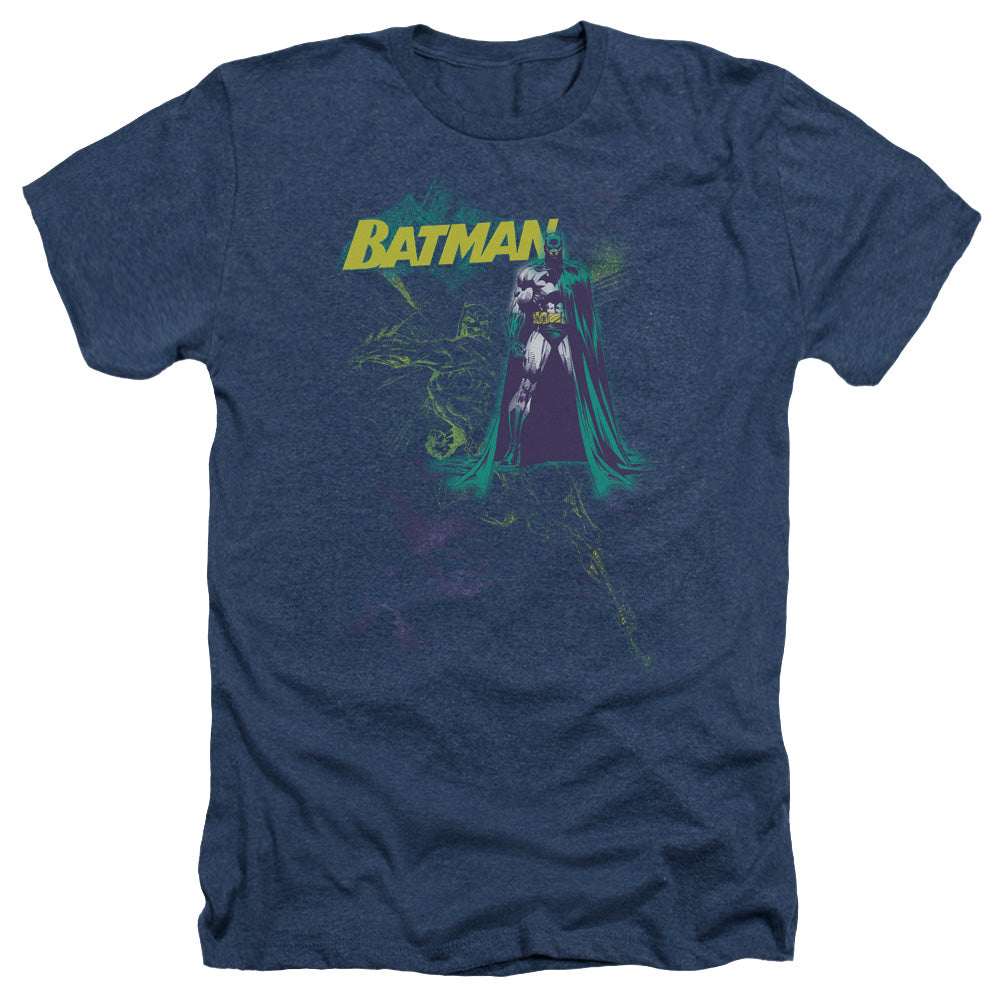 AN OFFCIALLY LICENSED BATMAN BAT SPRAY MEN'S HEATHER T-SHIRT NAVY