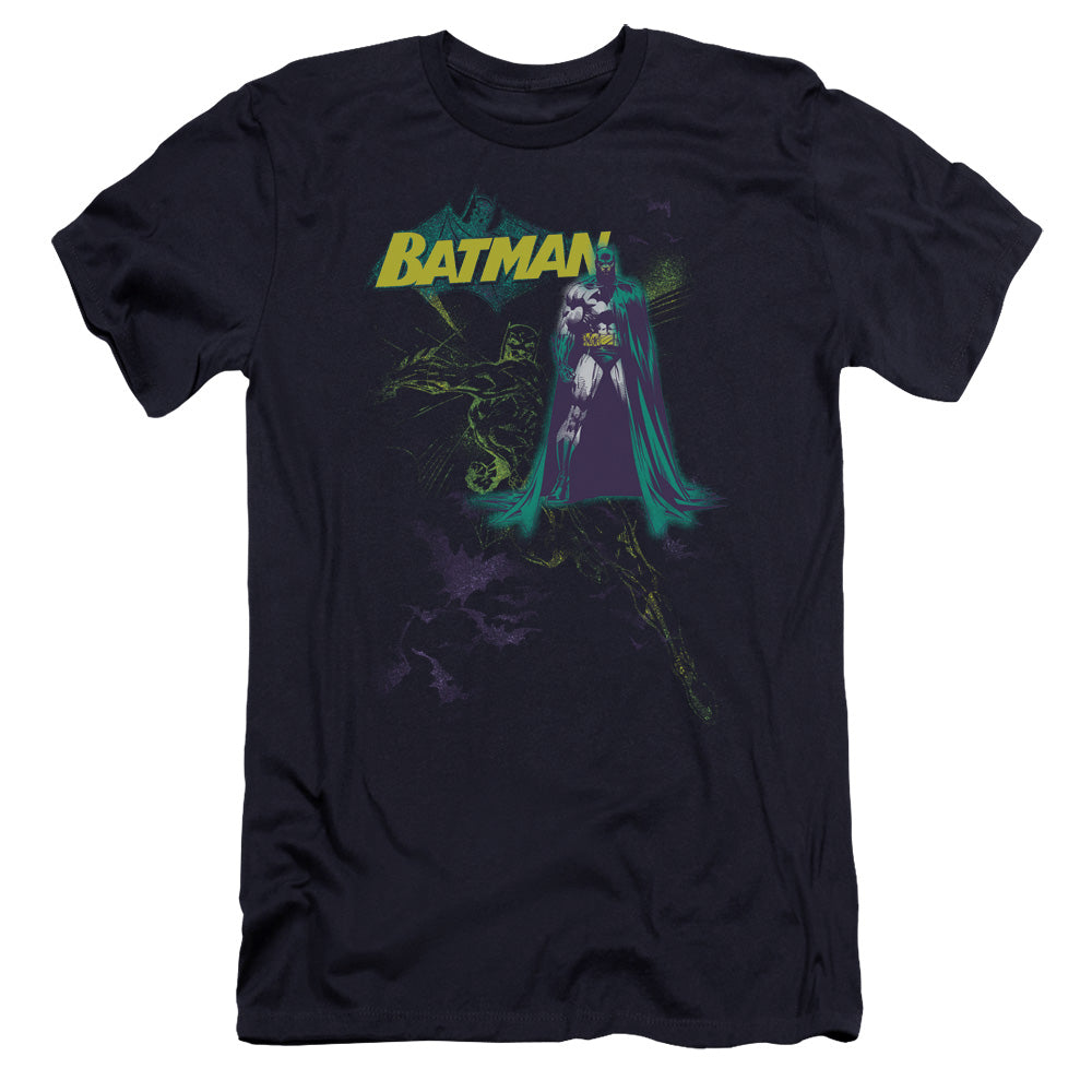AN OFFCIALLY LICENSED BATMAN BAT SPRAY MEN'S PREMIUM SLIM FIT T-SHIRT NAVY