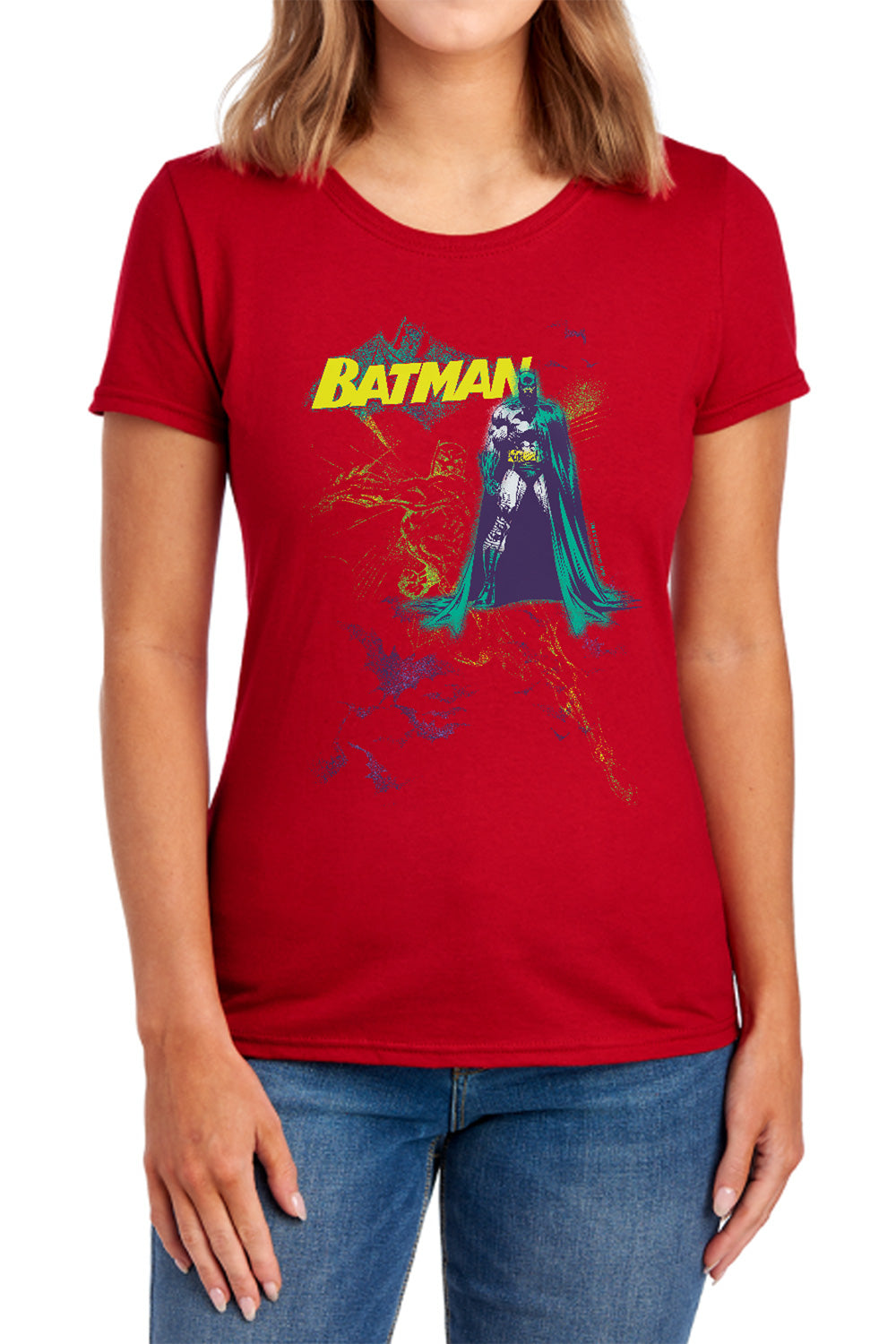AN OFFCIALLY LICENSED BATMAN BAT SPRAY WOMEN'S REGULAR FIT T-SHIRT NAVY