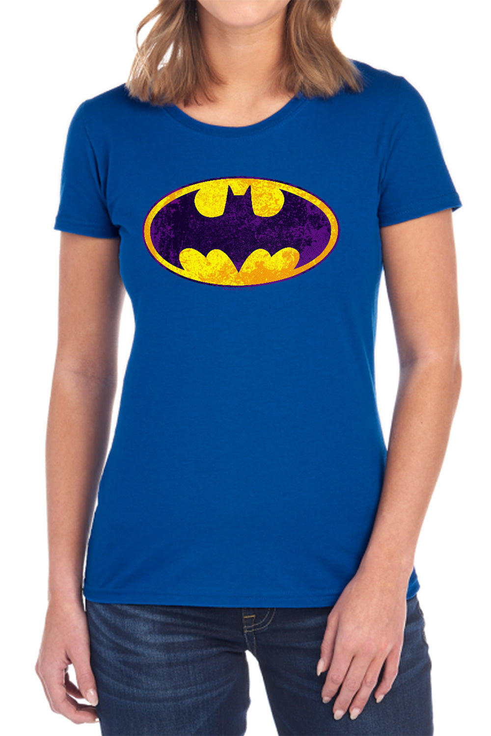 AN OFFCIALLY LICENSED BATMAN BM NEON DISTRESS LOGO WOMEN'S REGULAR FIT T-SHIRT BLACK