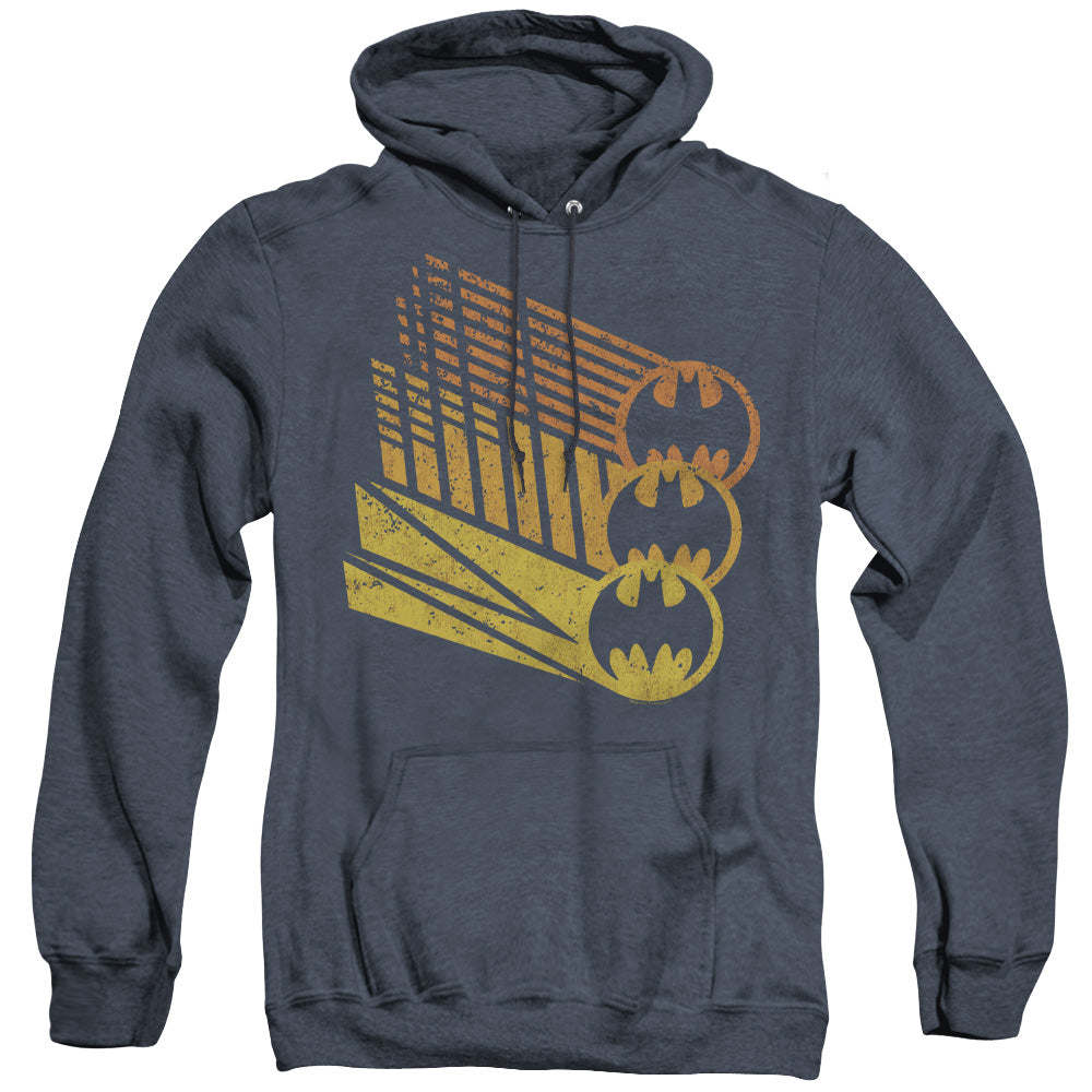 AN OFFCIALLY LICENSED BATMAN BAT SIGNAL SHAPES ADULT UNISEX HEATHER PULLOVER HOODIE NAVY
