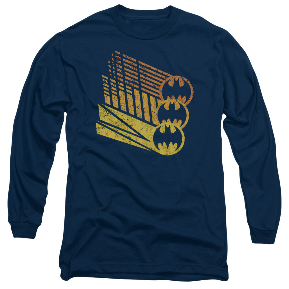 AN OFFCIALLY LICENSED BATMAN BAT SIGNAL SHAPES MEN'S LONG SLEEVE T-SHIRT NAVY