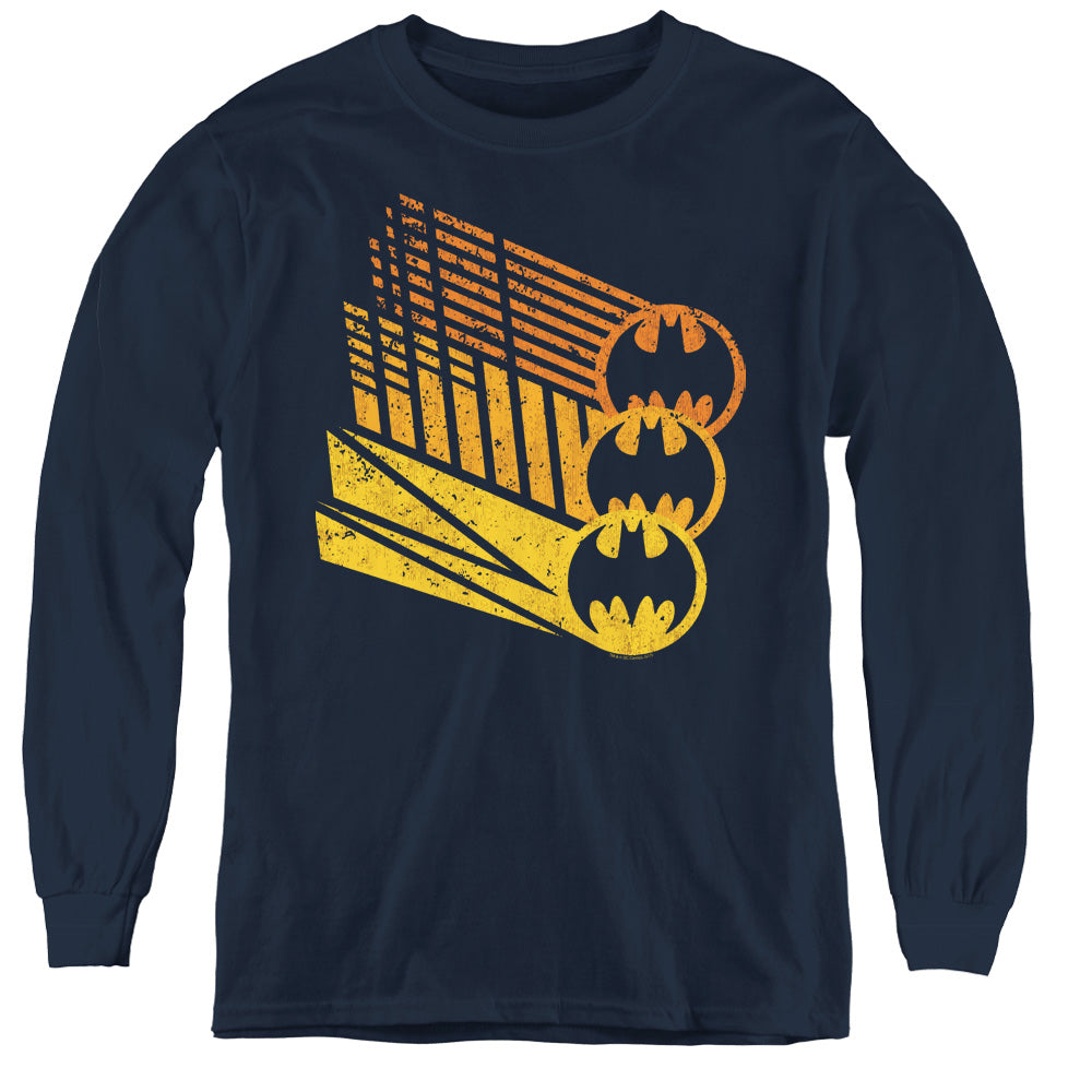 AN OFFCIALLY LICENSED BATMAN BAT SIGNAL SHAPES YOUTH LONG SLEEVE T-SHIRT NAVY