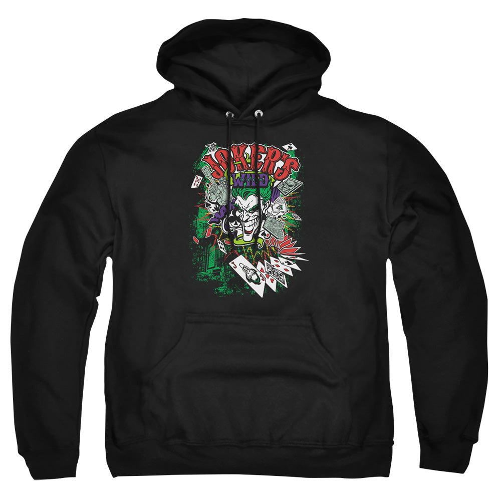 AN OFFCIALLY LICENSED BATMAN JOKERS WILD ADULT UNISEX PULLOVER HOODIE BLACK