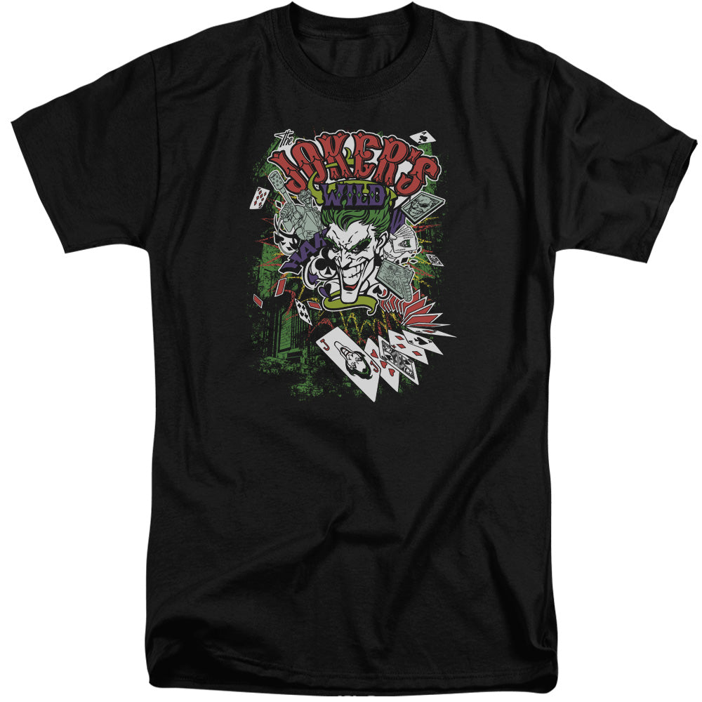 AN OFFCIALLY LICENSED BATMAN JOKERS WILD MEN'S TALL FIT T-SHIRT BLACK