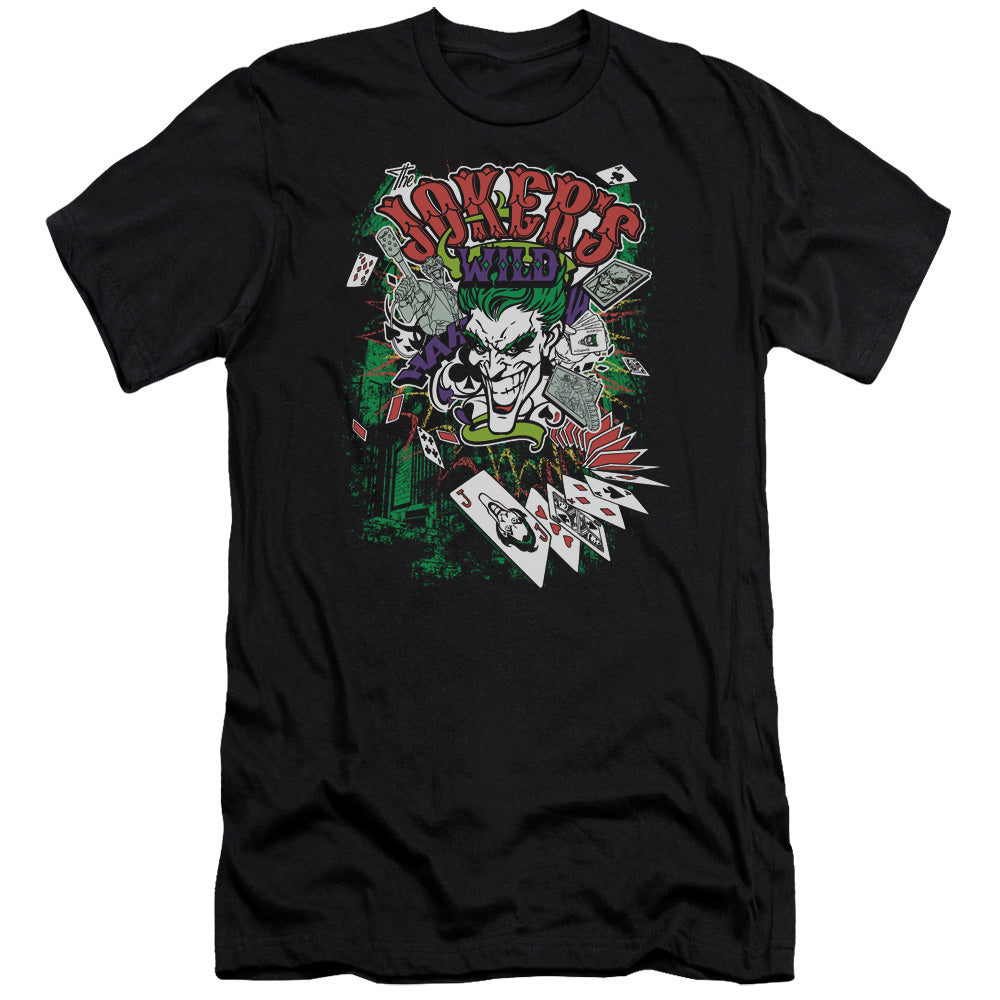 AN OFFCIALLY LICENSED BATMAN JOKERS WILD MEN'S PREMIUM SLIM FIT T-SHIRT BLACK