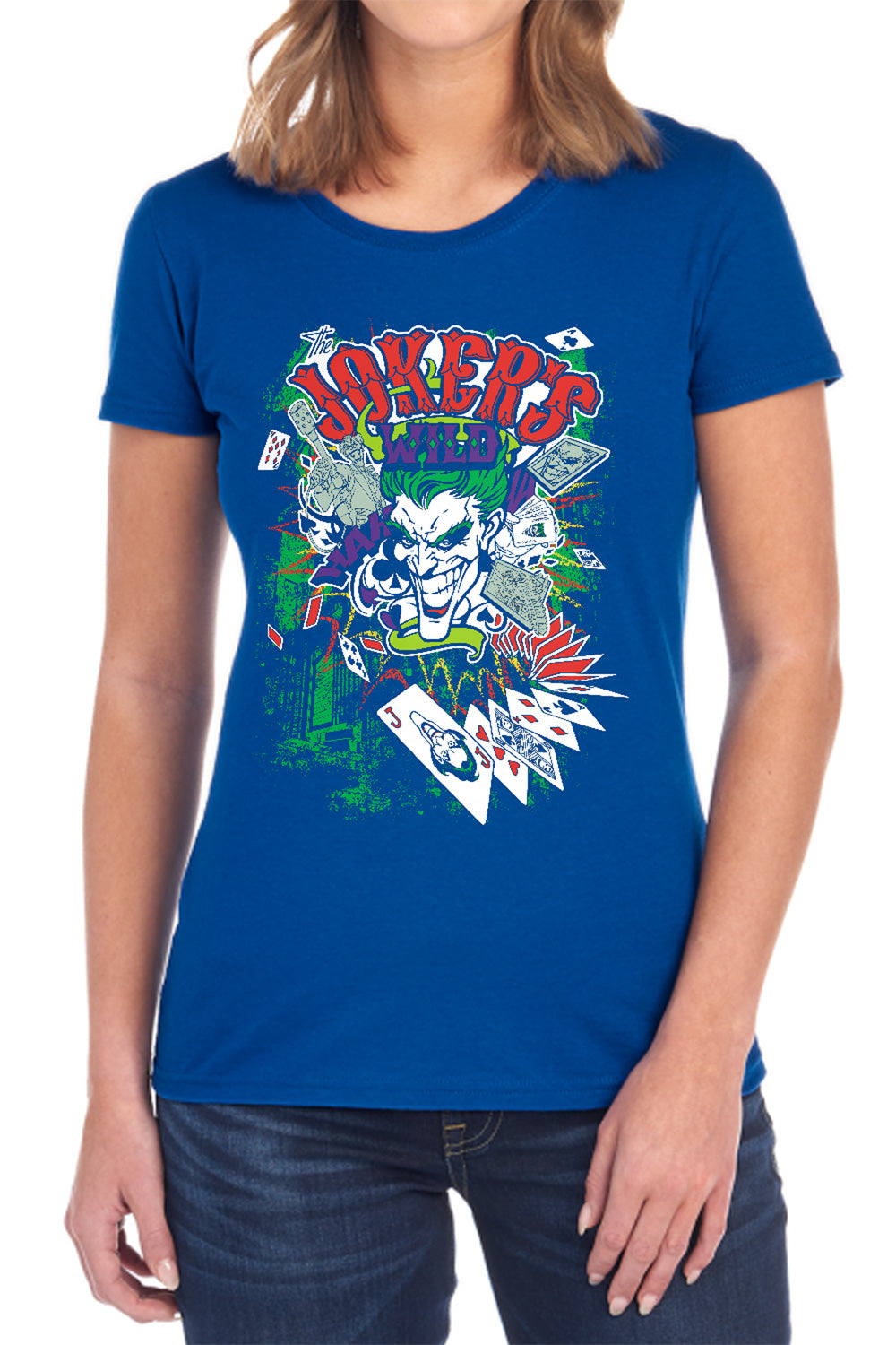 AN OFFCIALLY LICENSED BATMAN JOKERS WILD WOMEN'S REGULAR FIT T-SHIRT BLACK