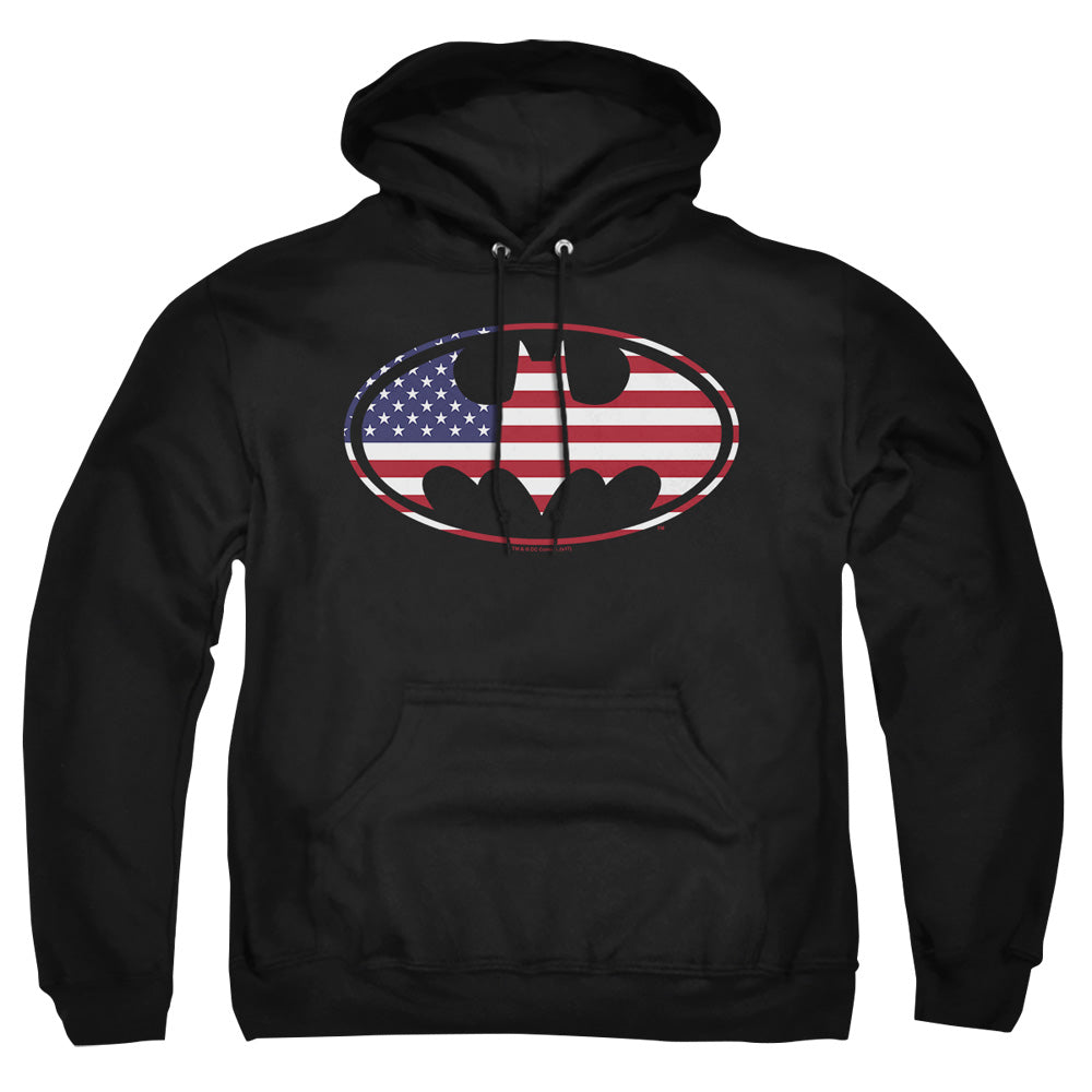 AN OFFCIALLY LICENSED BATMAN AMERICAN FLAG OVAL ADULT UNISEX PULLOVER HOODIE BLACK