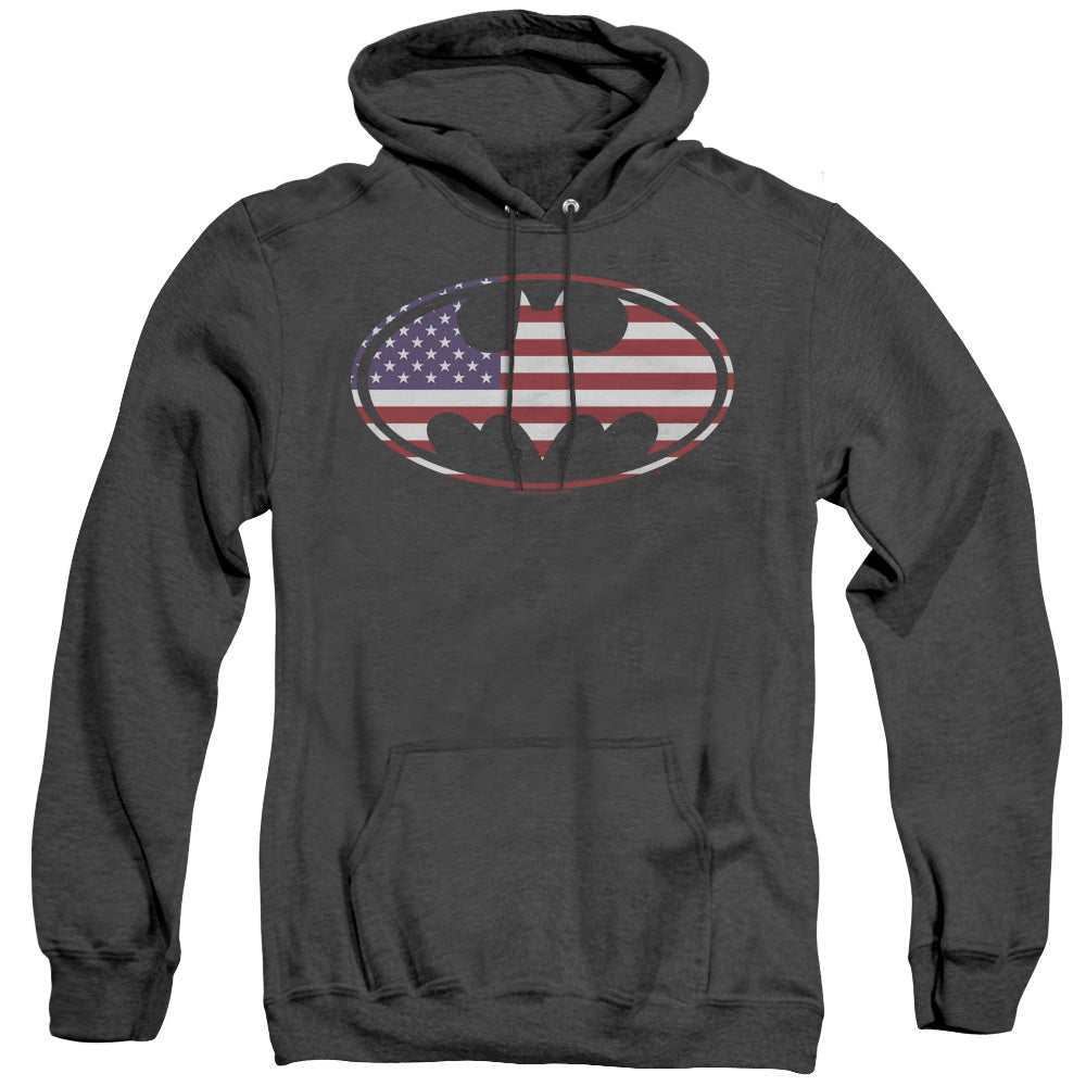 AN OFFCIALLY LICENSED BATMAN AMERICAN FLAG OVAL ADULT UNISEX HEATHER PULLOVER HOODIE BLACK