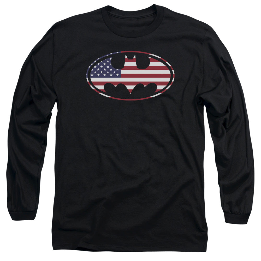 AN OFFCIALLY LICENSED BATMAN AMERICAN FLAG OVAL MEN'S LONG SLEEVE T-SHIRT BLACK
