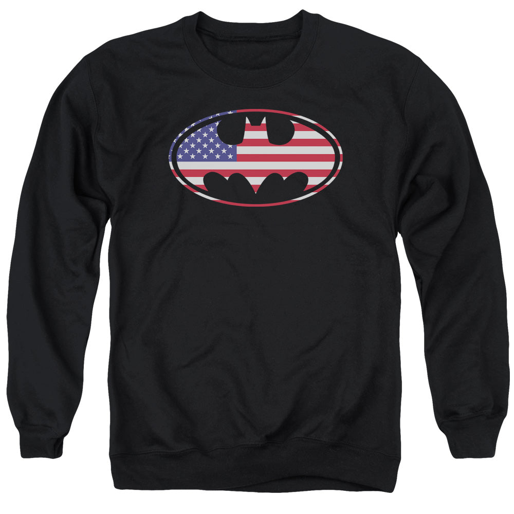AN OFFCIALLY LICENSED BATMAN AMERICAN FLAG OVAL ADULT UNISEX CREWNECK SWEATSHIRT BLACK
