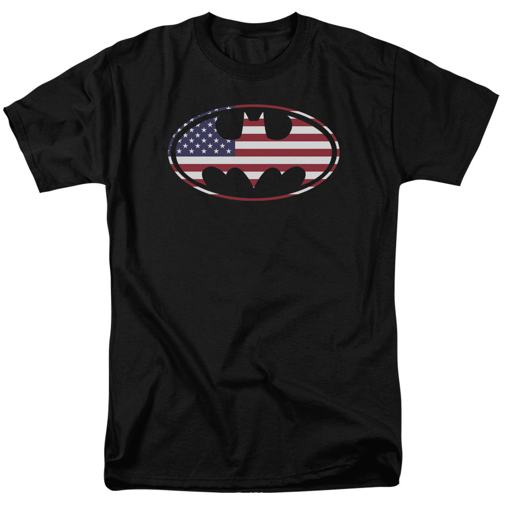 AN OFFCIALLY LICENSED BATMAN AMERICAN FLAG OVAL MEN'S REGULAR FIT T-SHIRT BLACK