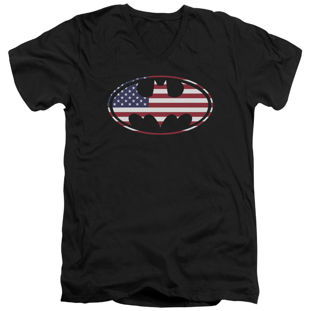 AN OFFCIALLY LICENSED BATMAN AMERICAN FLAG OVAL MEN'S V-NECK T-SHIRT BLACK