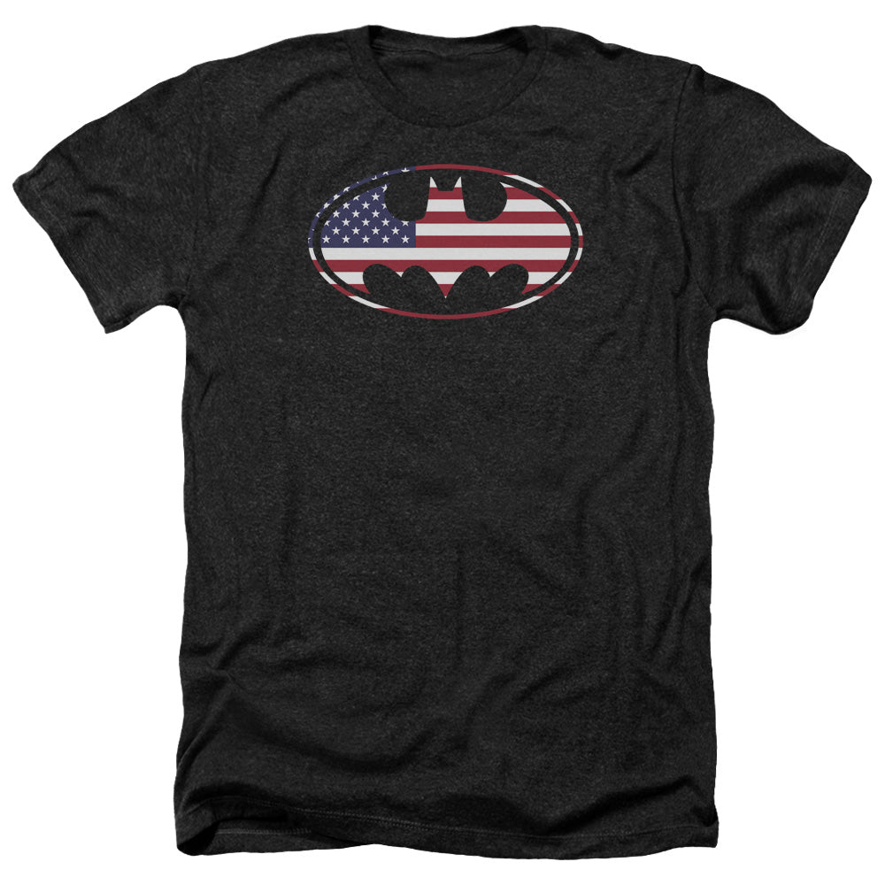 AN OFFCIALLY LICENSED BATMAN AMERICAN FLAG OVAL MEN'S HEATHER T-SHIRT CHARCOAL
