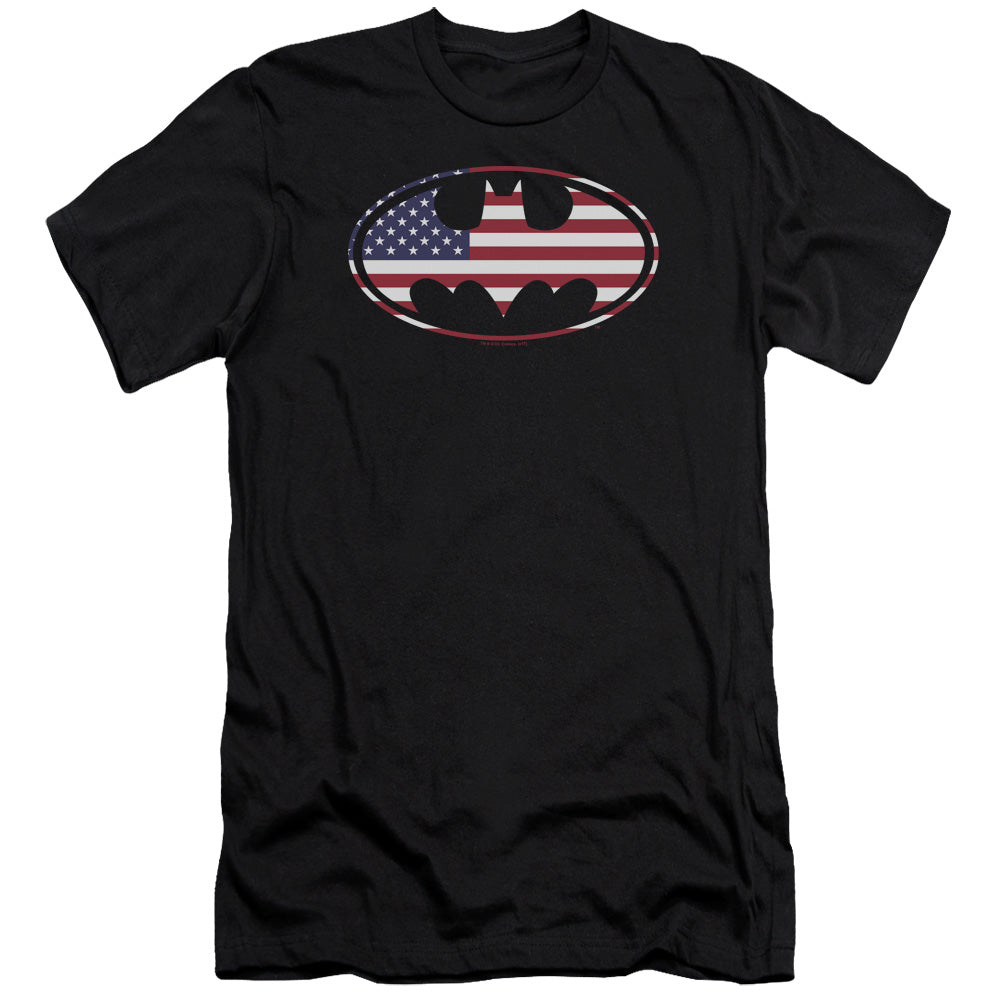 AN OFFCIALLY LICENSED BATMAN AMERICAN FLAG OVAL MEN'S PREMIUM SLIM FIT T-SHIRT BLACK