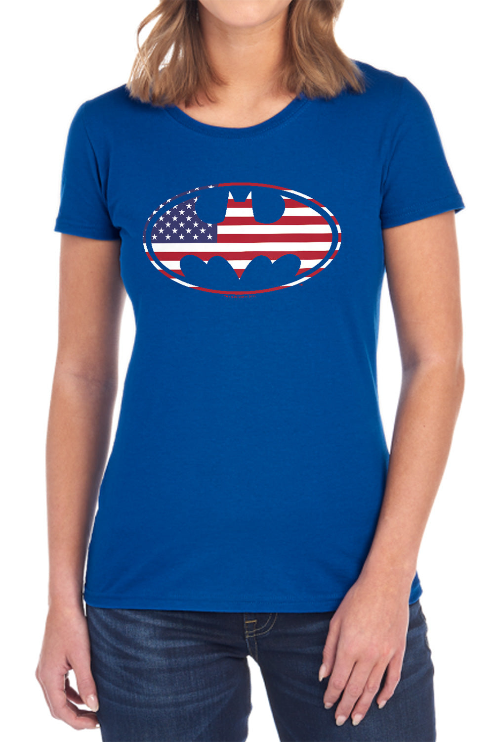 AN OFFCIALLY LICENSED BATMAN AMERICAN FLAG OVAL WOMEN'S REGULAR FIT T-SHIRT BLACK