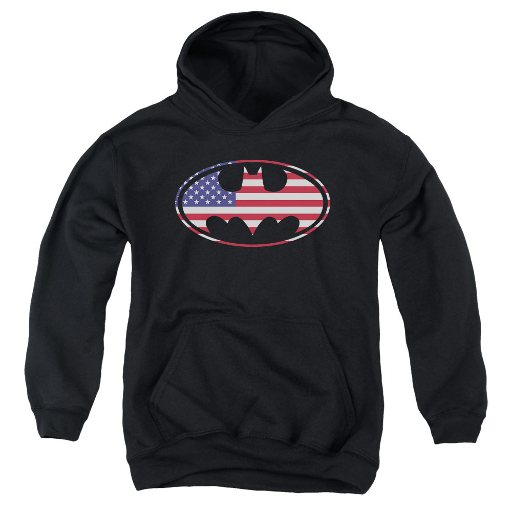 AN OFFCIALLY LICENSED BATMAN AMERICAN FLAG OVAL YOUTH HOODIE BLACK