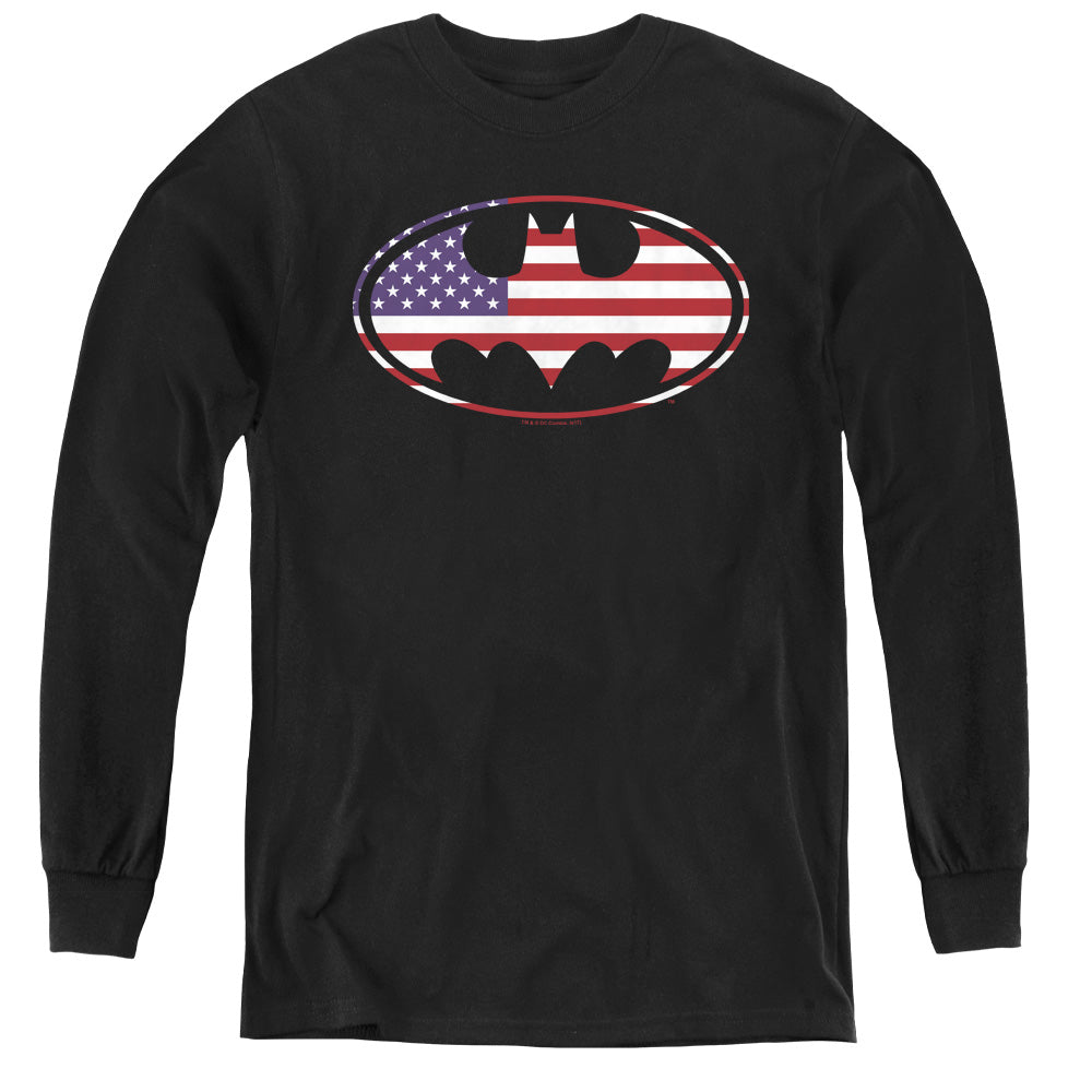 AN OFFCIALLY LICENSED BATMAN AMERICAN FLAG OVAL YOUTH LONG SLEEVE T-SHIRT BLACK