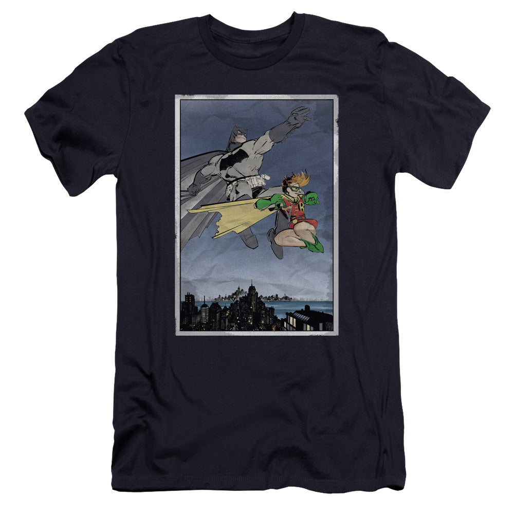 AN OFFCIALLY LICENSED BATMAN DKR DUO MEN'S PREMIUM SLIM FIT T-SHIRT NAVY