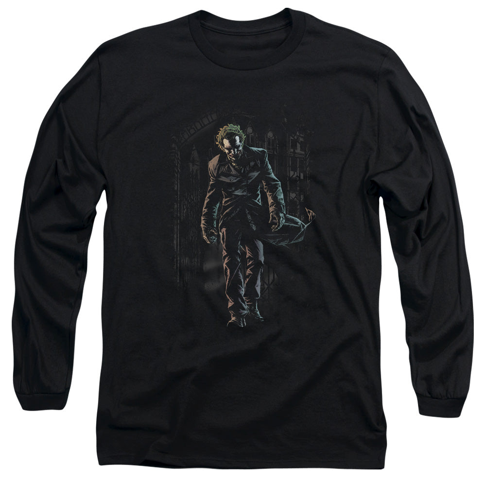 AN OFFCIALLY LICENSED BATMAN JOKER LEAVES ARKHAM MEN'S LONG SLEEVE T-SHIRT BLACK