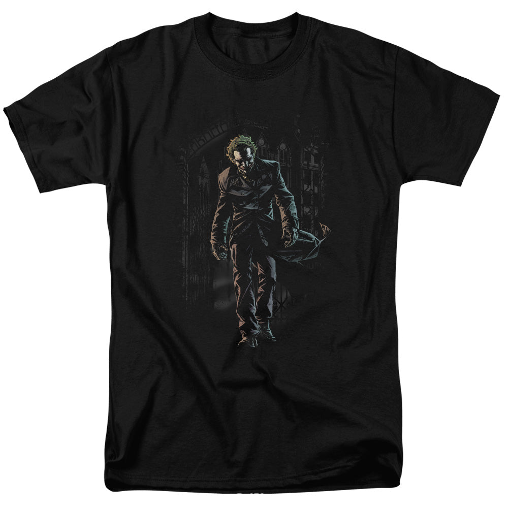 AN OFFCIALLY LICENSED BATMAN JOKER LEAVES ARKHAM MEN'S REGULAR FIT T-SHIRT BLACK