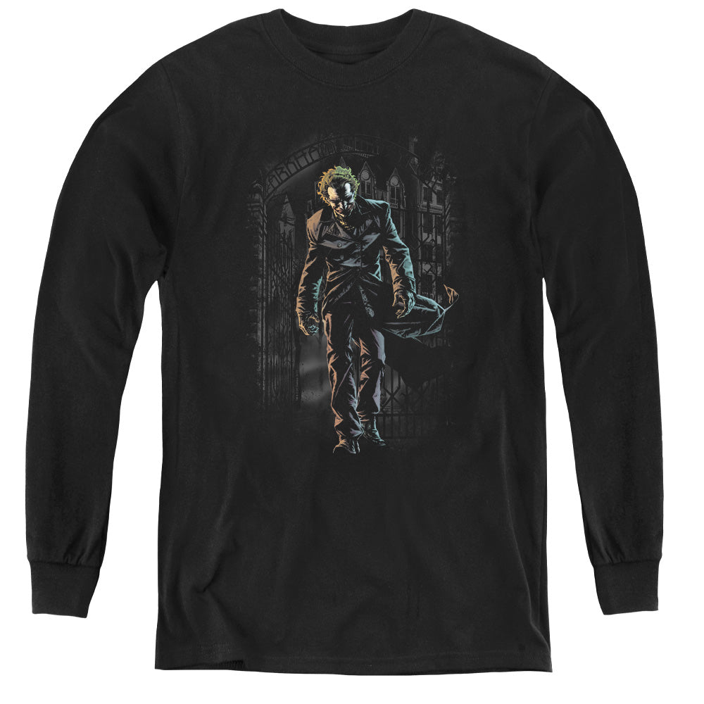 AN OFFCIALLY LICENSED BATMAN JOKER LEAVES ARKHAM YOUTH LONG SLEEVE T-SHIRT BLACK
