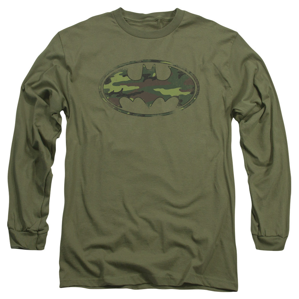 AN OFFCIALLY LICENSED BATMAN DISTRESSED CAMO SHIELD MEN'S LONG SLEEVE T-SHIRT MILITARY GREEN