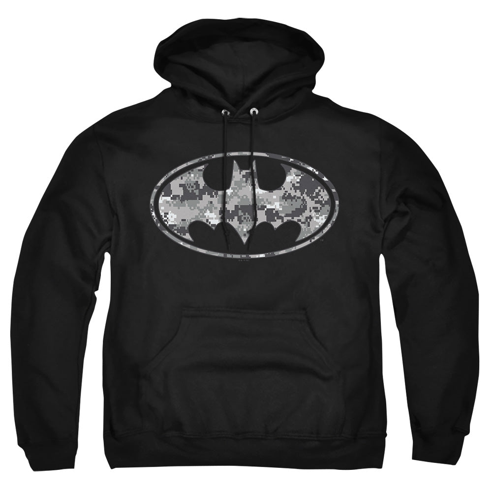 AN OFFCIALLY LICENSED BATMAN URBAN CAMO SHIELD ADULT UNISEX PULLOVER HOODIE BLACK