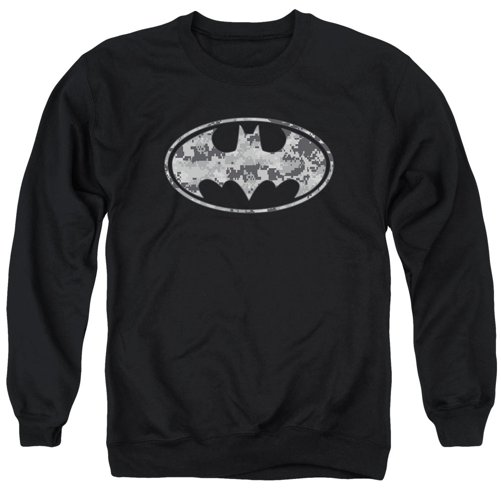 AN OFFCIALLY LICENSED BATMAN URBAN CAMO SHIELD ADULT UNISEX CREWNECK SWEATSHIRT BLACK