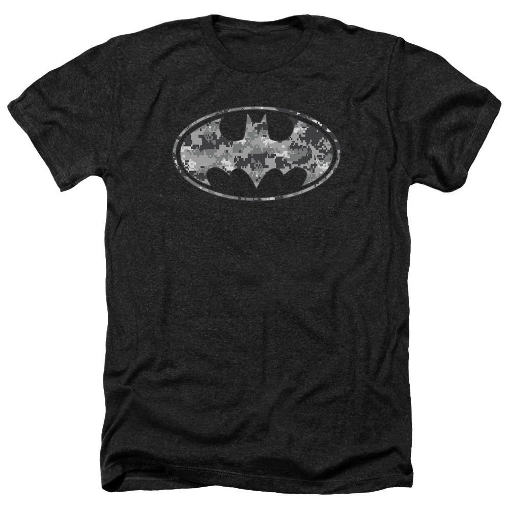 AN OFFCIALLY LICENSED BATMAN URBAN CAMO SHIELD MEN'S HEATHER T-SHIRT CHARCOAL