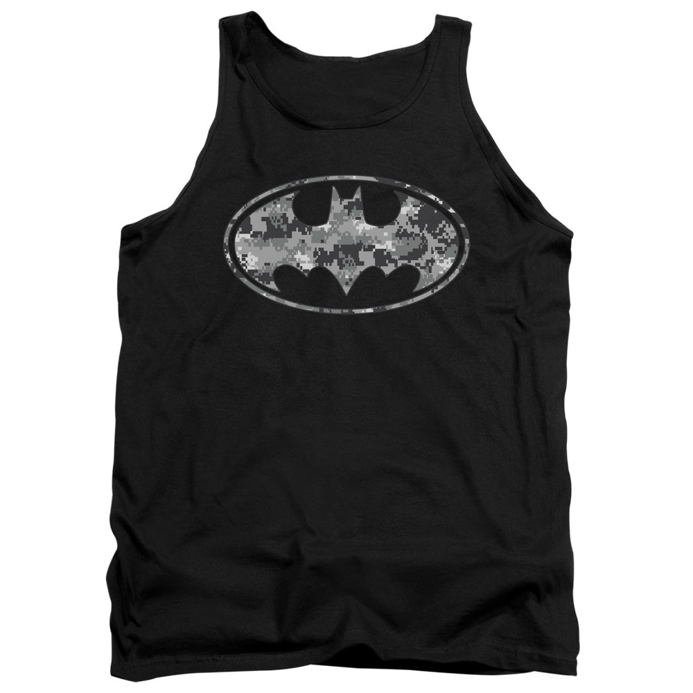 AN OFFCIALLY LICENSED BATMAN URBAN CAMO SHIELD ADULT UNISEX TANK TOP BLACK