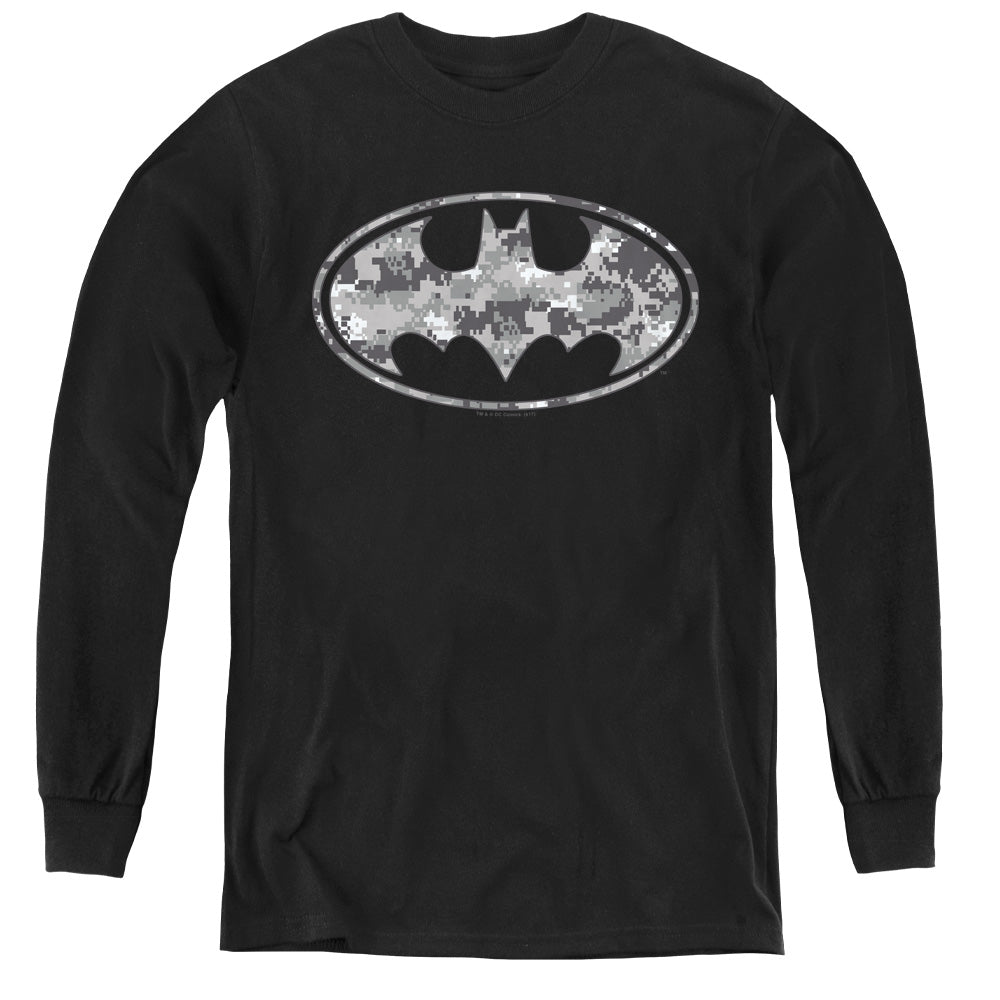 AN OFFCIALLY LICENSED BATMAN URBAN CAMO SHIELD YOUTH LONG SLEEVE T-SHIRT BLACK
