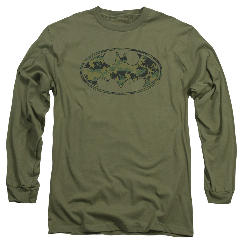 AN OFFCIALLY LICENSED BATMAN MARINE CAMO SHIELD MEN'S LONG SLEEVE T-SHIRT MILITARY GREEN