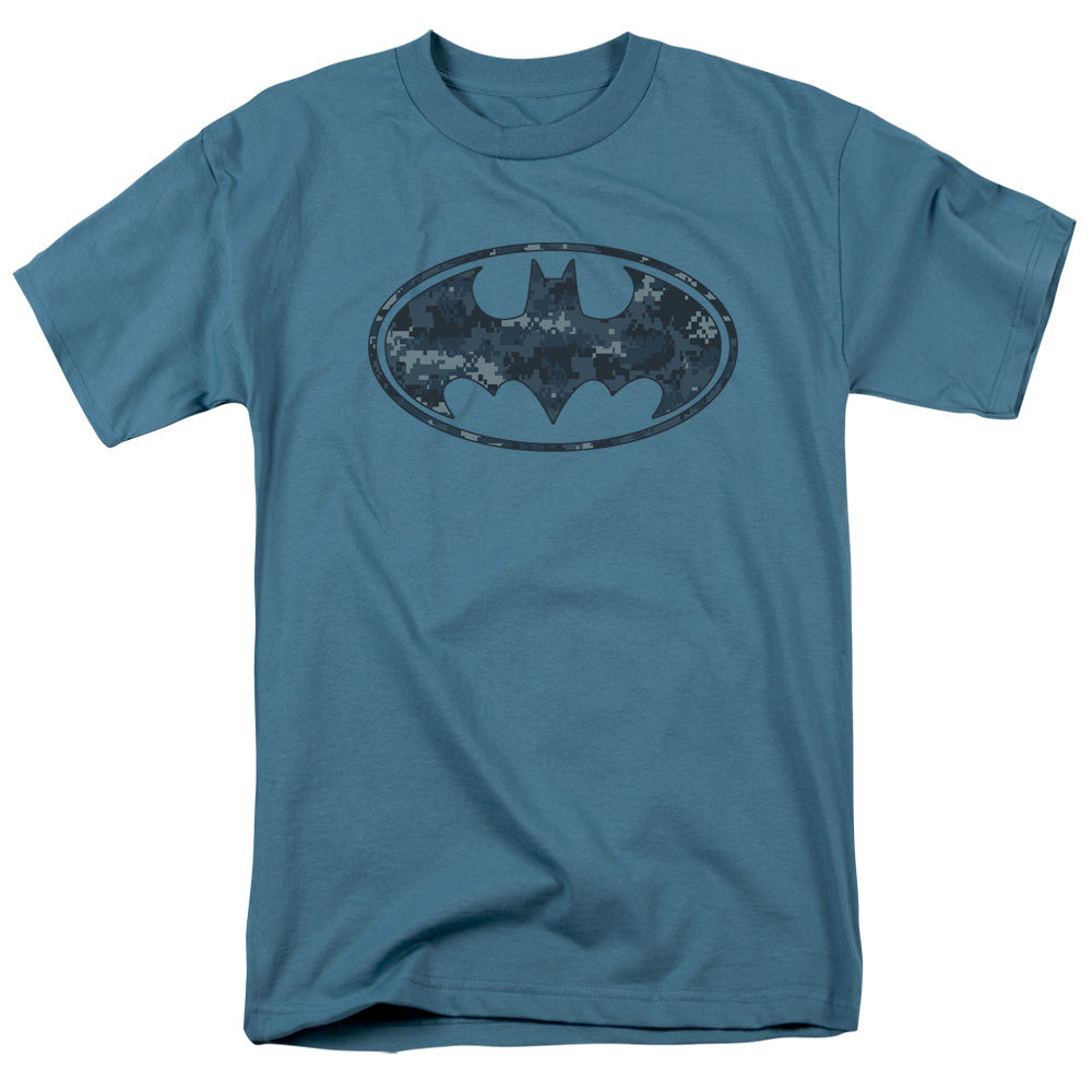 AN OFFCIALLY LICENSED BATMAN NAVY CAMO SHIELD MEN'S REGULAR FIT T-SHIRT SLATE