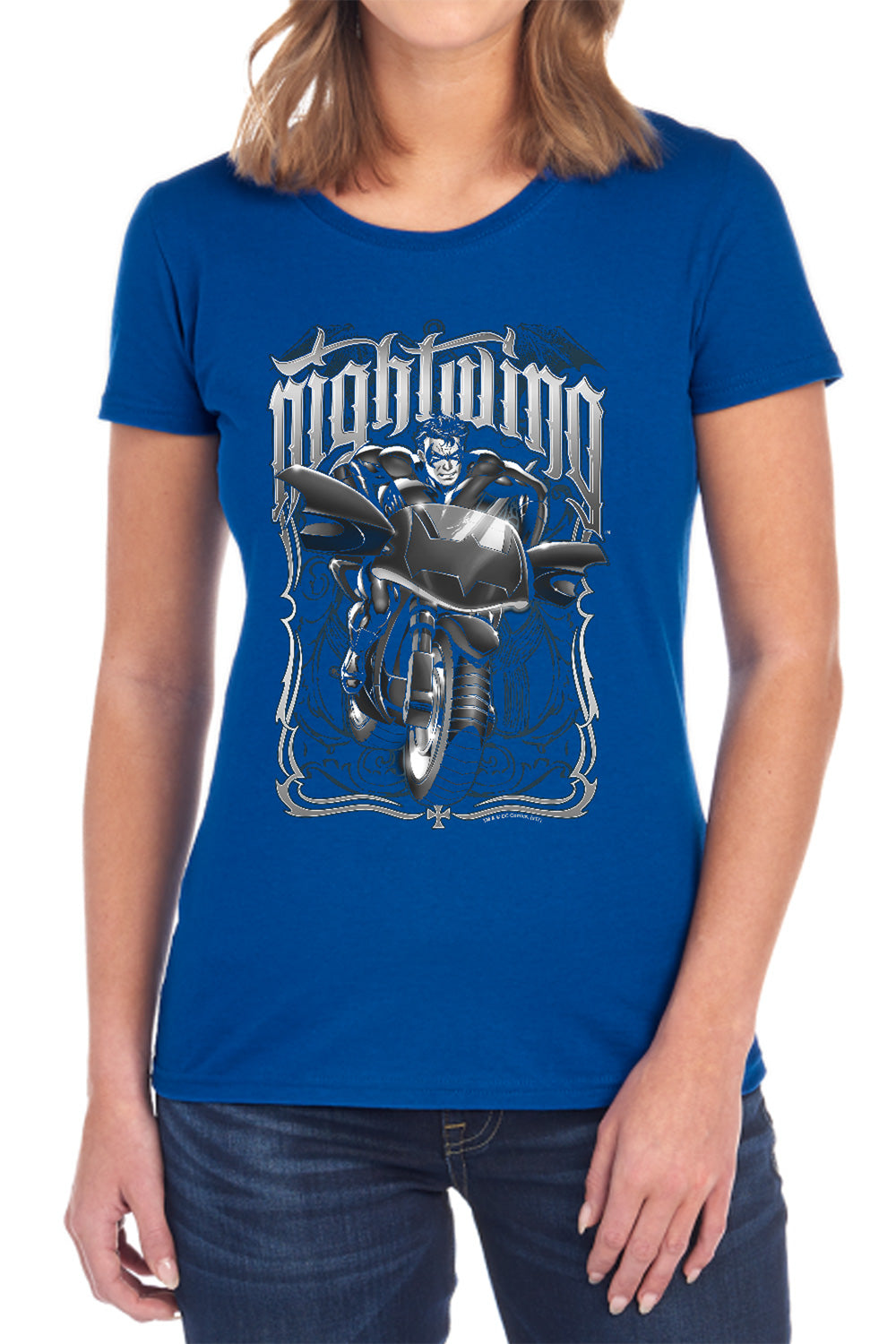 AN OFFCIALLY LICENSED BATMAN NIGHTWING BIKER WOMEN'S REGULAR FIT T-SHIRT BLACK