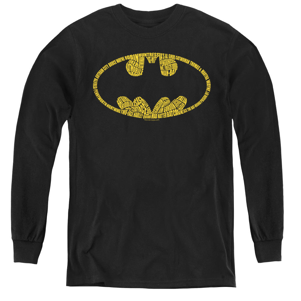 AN OFFCIALLY LICENSED BATMAN WORD LOGO YOUTH LONG SLEEVE T-SHIRT BLACK