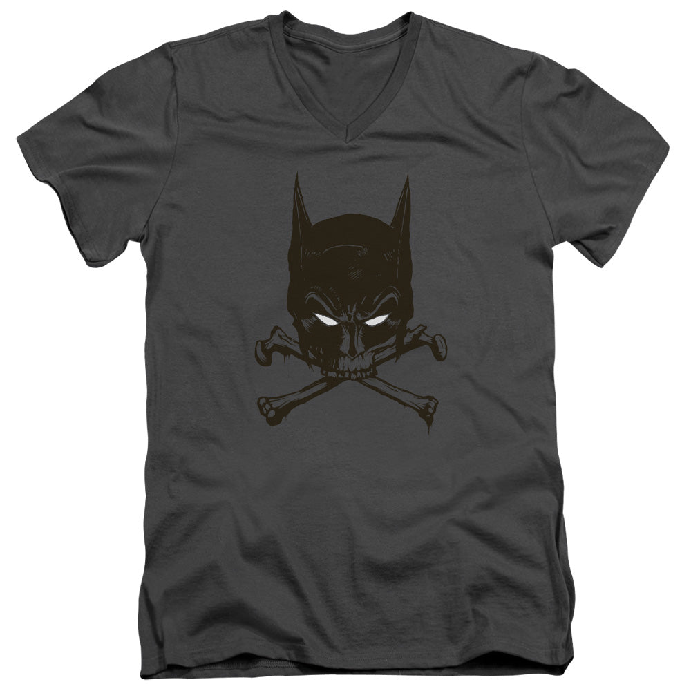 AN OFFCIALLY LICENSED BATMAN BAT AND BONES MEN'S V-NECK T-SHIRT CHARCOAL