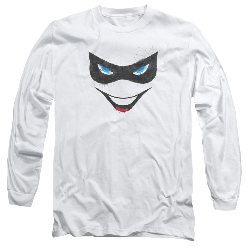AN OFFCIALLY LICENSED BATMAN HARLEY FACE MEN'S LONG SLEEVE T-SHIRT WHITE