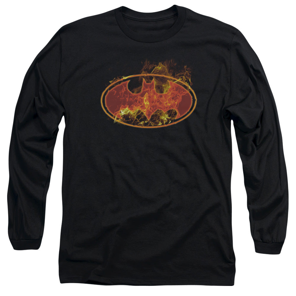 AN OFFCIALLY LICENSED BATMAN FLAMES LOGO MEN'S LONG SLEEVE T-SHIRT BLACK