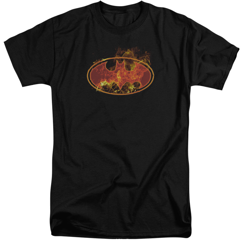 AN OFFCIALLY LICENSED BATMAN FLAMES LOGO MEN'S TALL FIT T-SHIRT BLACK
