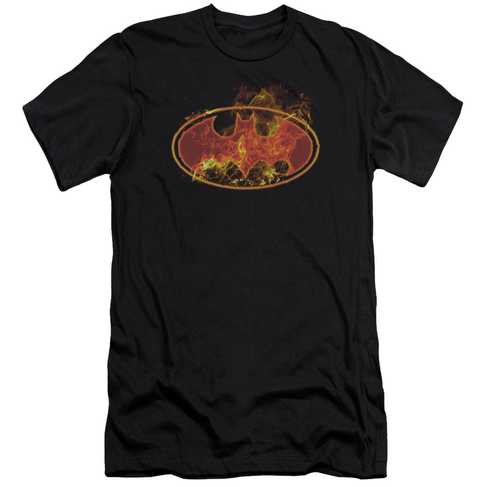 AN OFFCIALLY LICENSED BATMAN FLAMES LOGO MEN'S PREMIUM SLIM FIT T-SHIRT BLACK