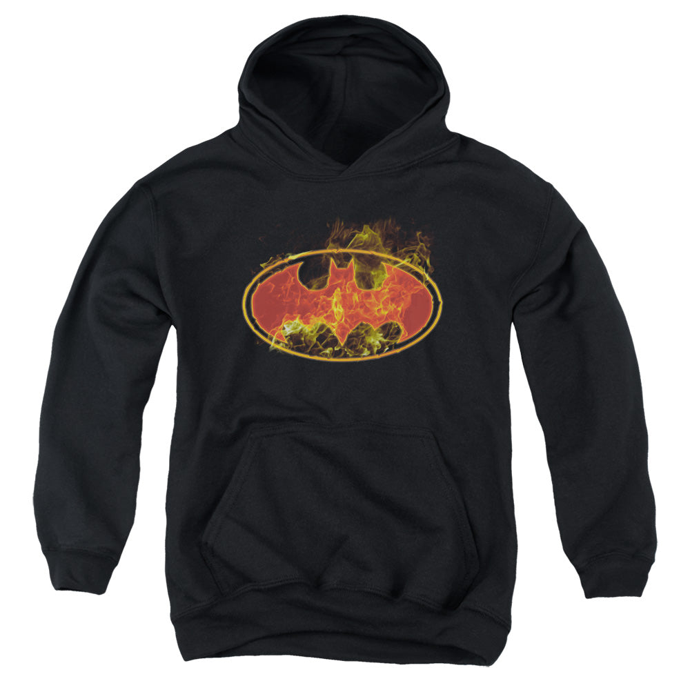 AN OFFCIALLY LICENSED BATMAN FLAMES LOGO YOUTH HOODIE BLACK