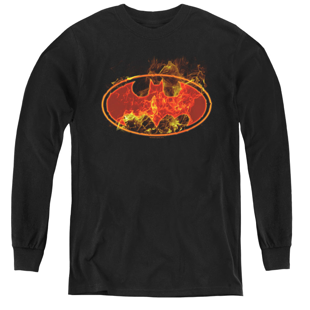 AN OFFCIALLY LICENSED BATMAN FLAMES LOGO YOUTH LONG SLEEVE T-SHIRT BLACK