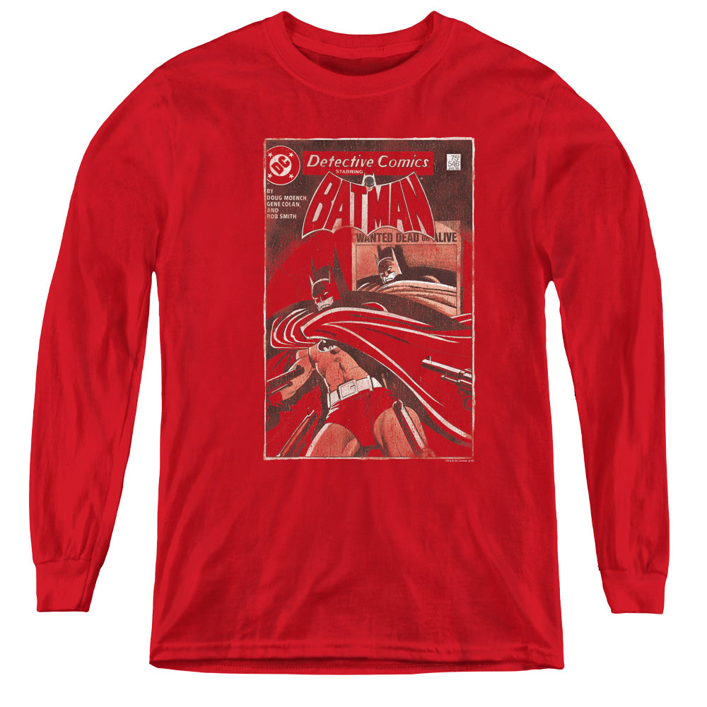 AN OFFCIALLY LICENSED BATMAN DOA COVER YOUTH LONG SLEEVE T-SHIRT RED