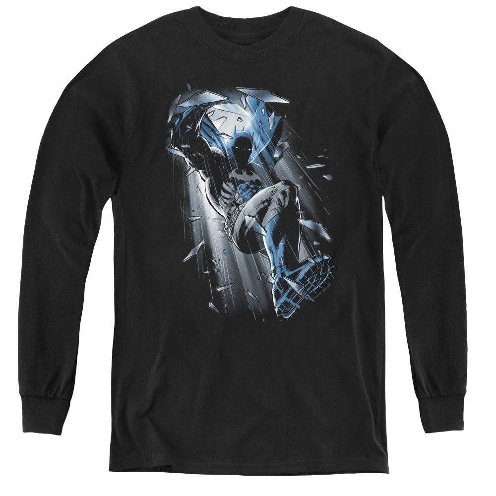 AN OFFCIALLY LICENSED BATMAN BAT CRASH YOUTH LONG SLEEVE T-SHIRT BLACK
